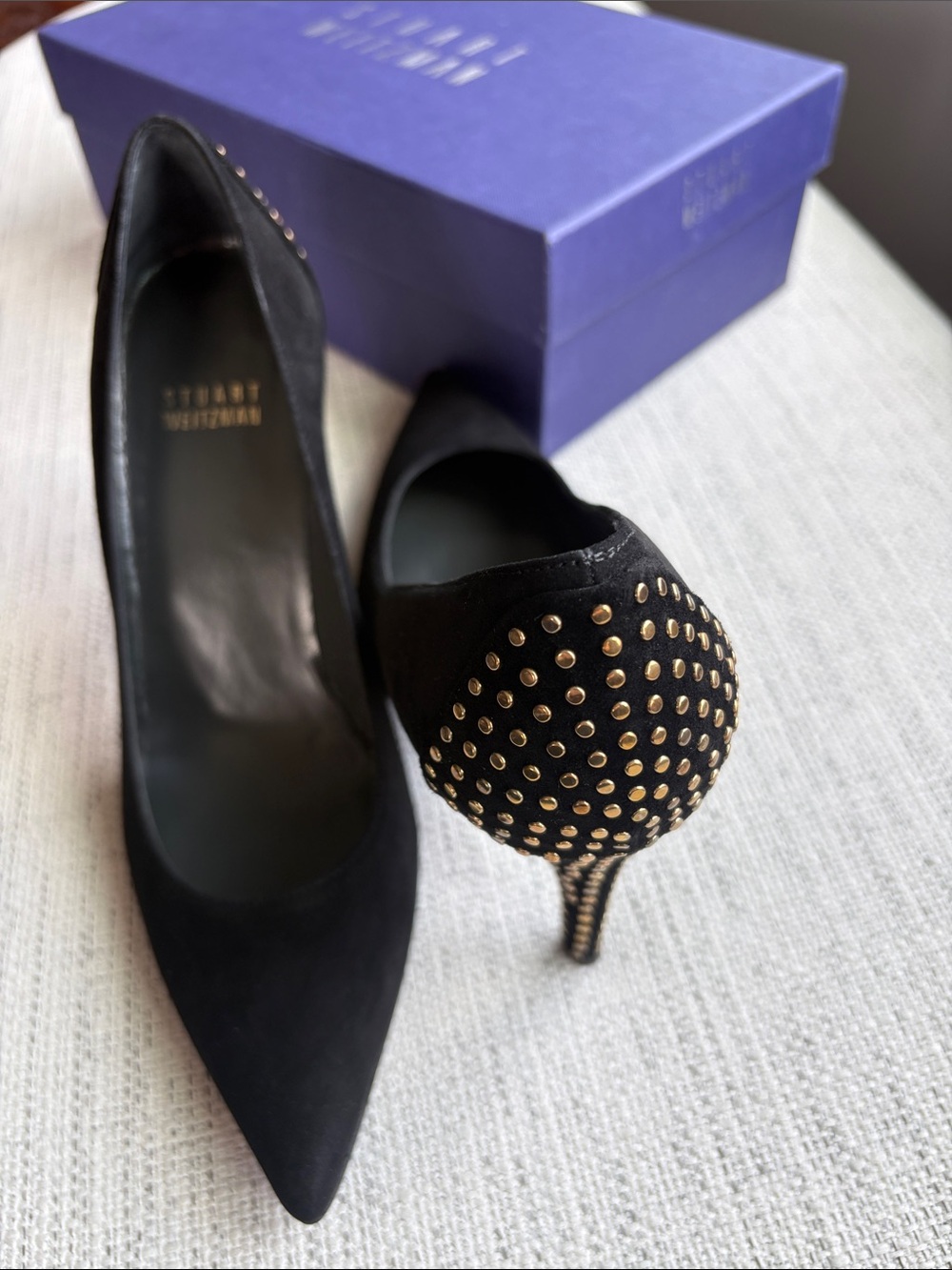 Stuart Weitzman Black Suede and Gold Heels